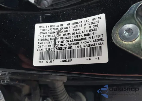 2016 Honda Civic Lx z USA, uszkodzony, nr VIN 19XFC2F50GE091403